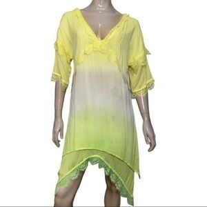 Pink Memories Women’s Size 42 L Yellow Green Tan Tie Dye Lace Trimmed Dress